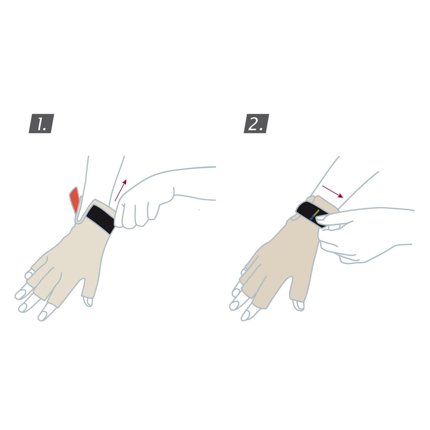 How to put on the Actimove Arthritis Care Gloves: Pull the glove up your wrist until comfortable. Secure the glove with the wrist strap
 How to put on the Actimove Arthritis Care Gloves: Pull the glove up your wrist until comfortable. Secure the glove with the wrist strap